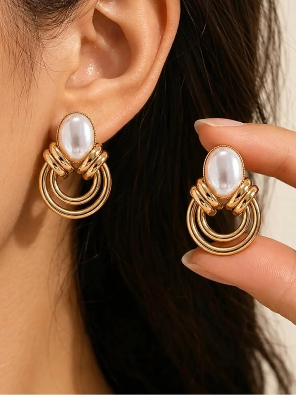 Anthropologie Gold Hoop Drop Earrings with White Pearl Cabochon